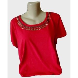 NewC~ST. JOHN'S BAY Top Plus 3X/Bust 50" Red Stretch Cotton Cap Sleeve Accents